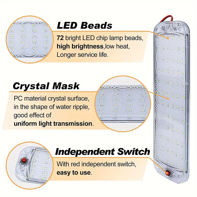 12V-80V 72LED Interior Light Bar Strip Light with Switch LED Car Interior Lamp Lighting Camper Bus Motorhome Boat Roof Light