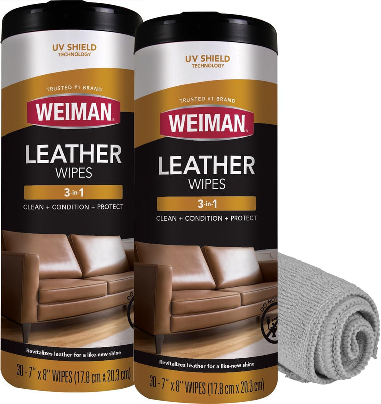 Leather Cleaner & Conditioner - Cleans, Restores & Protects Leather, UV Protection Prevent Cracking & Fading, for Car Seats, Sofas, Shoes, Bags & All Finished Leather Surfaces, 2 Pack, 60 Wipes