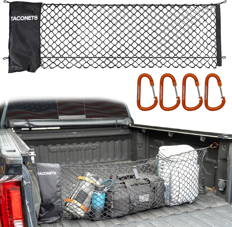 Envelope Cargo Net for GMC Sierra & Chevy Silverado - Fits 2013-Current - Upgraded 5Mm Bungee - Integrated Storage Bag - Heavy Duty Carabiners - Designed in USA