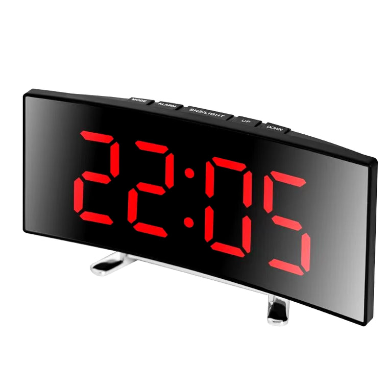 Creative Curved Electronic Clock, LED Large Screen Plug-In Battery Dual-Purpose Mirror Alarm Clock, Student Bedroom Dedicated